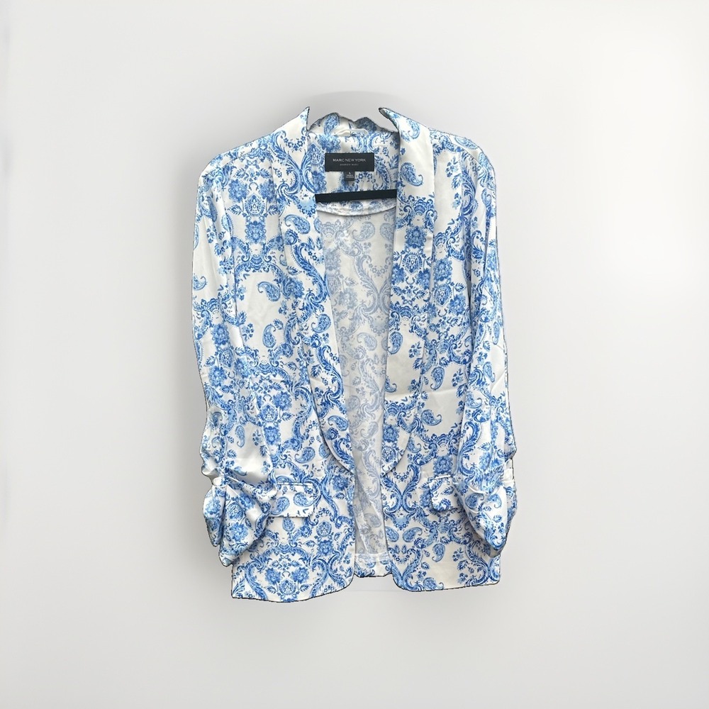 Marc New York Andrew Marc Blue White Paisley Ruched Sleeve Open Blazer Large